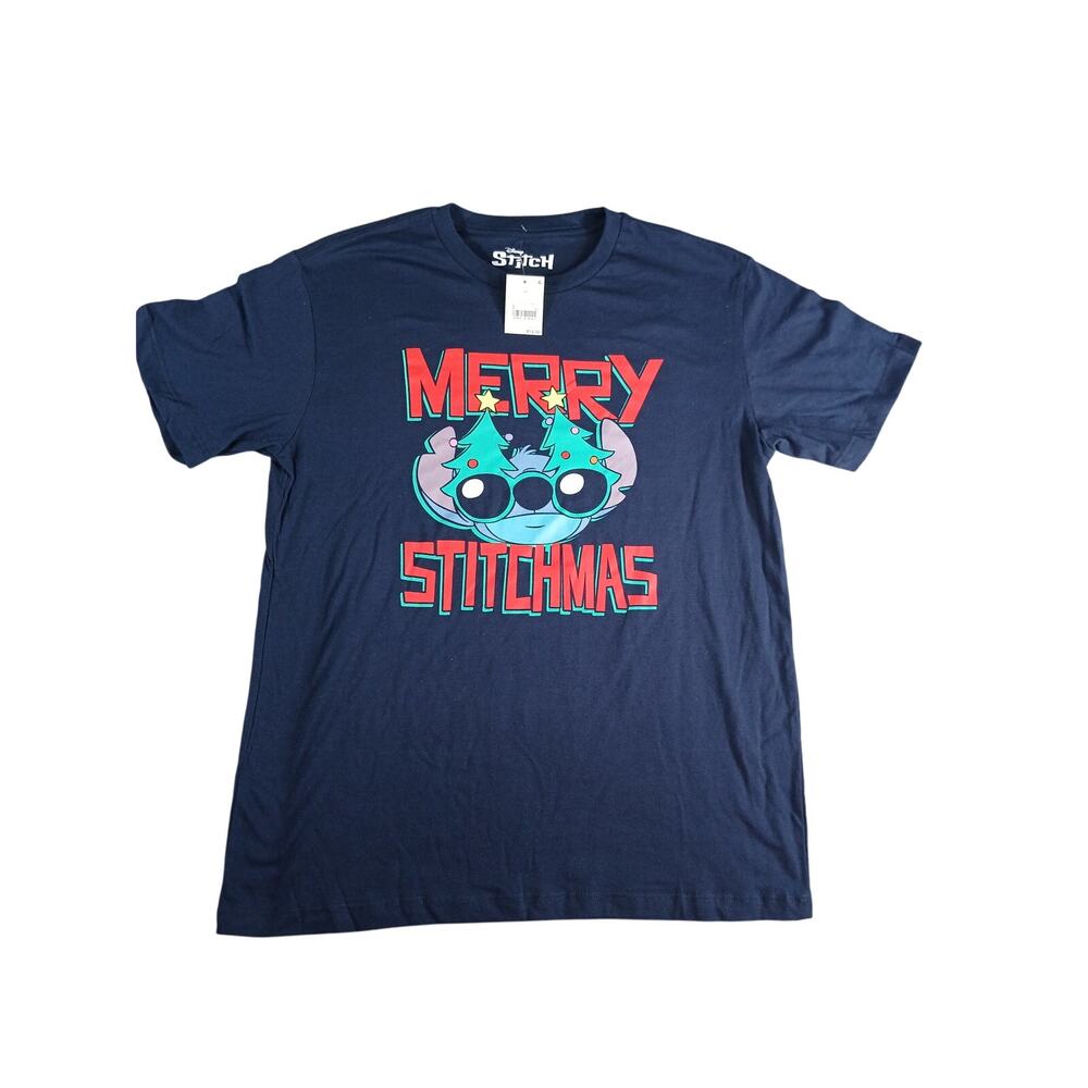 Disney Stitch Shirt Mens Medium Blue Christmas Graphic Short Sleeve T-Shirt NWT